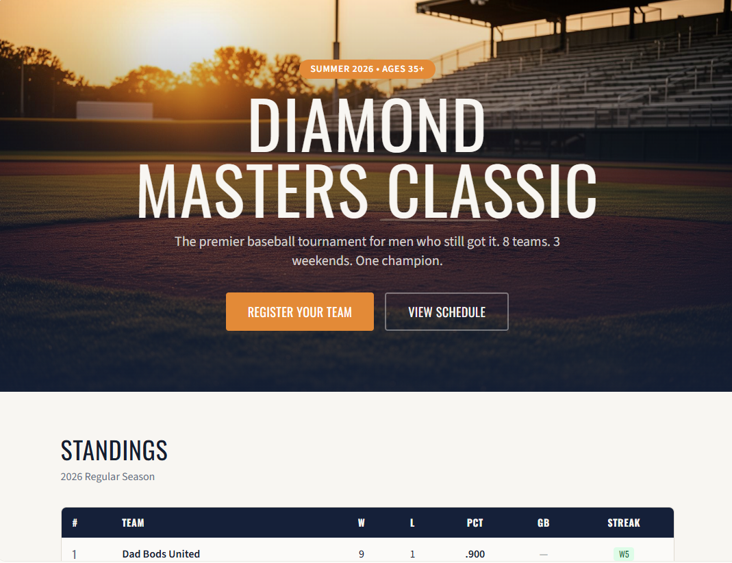Baseball tournament app mockup